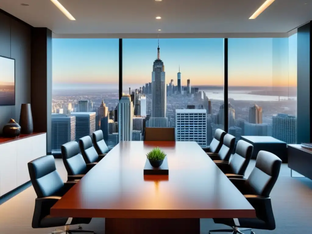 Oficina ejecutiva de lujo con vista a la ciudad Oficina de lujo con vista a la ciudad, mesa de caoba, documentos confidenciales y éxito en transacciones inmobiliarias comprometidas