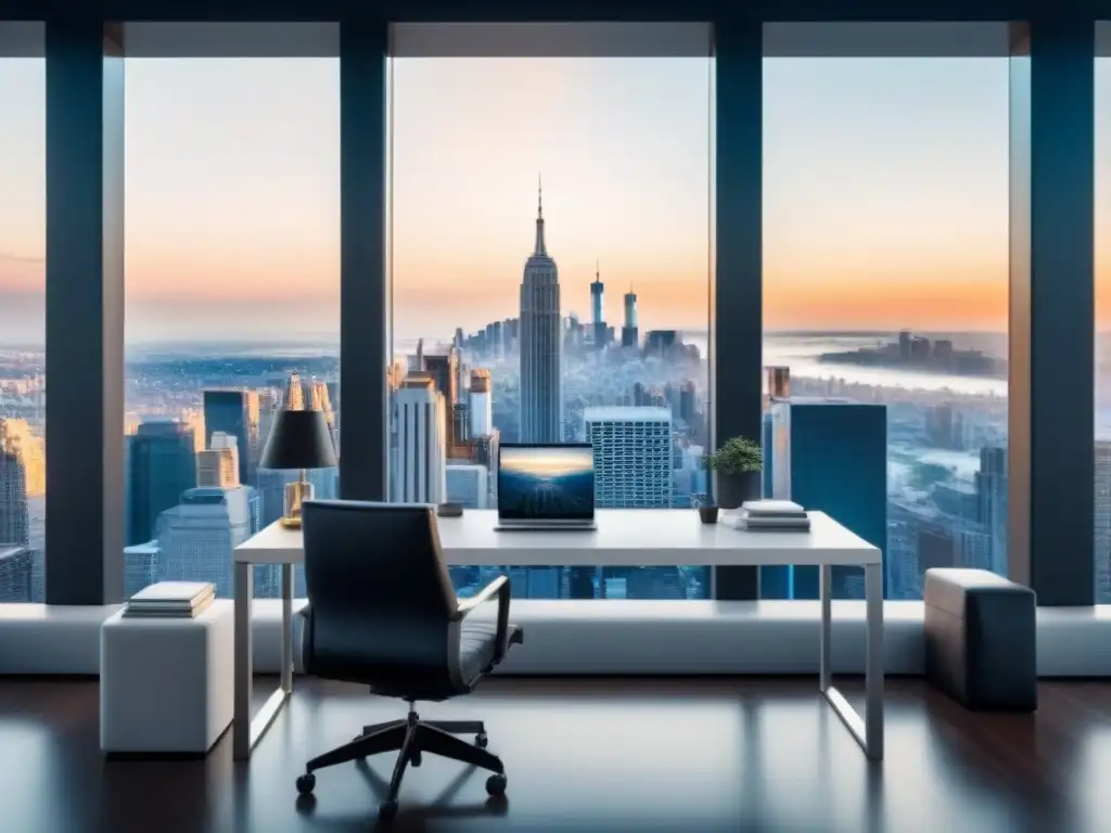 Oficina de lujo con vista a la ciudad para inversiones inmobiliarias Oficina de lujo con vista a la ciudad, escritorio de vidrio, gráficos de inversión, libros de inversiones inmobiliarias