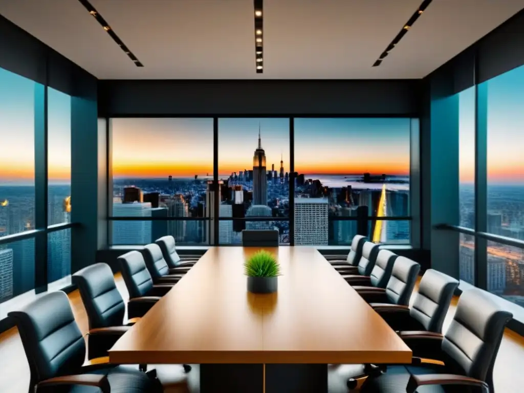 Sala de conferencias moderna y lujosa con vista a la ciudad Oficina de lujo con vista a la ciudad, mesa de conferencias de madera y pantalla con análisis de mercado inmobiliario