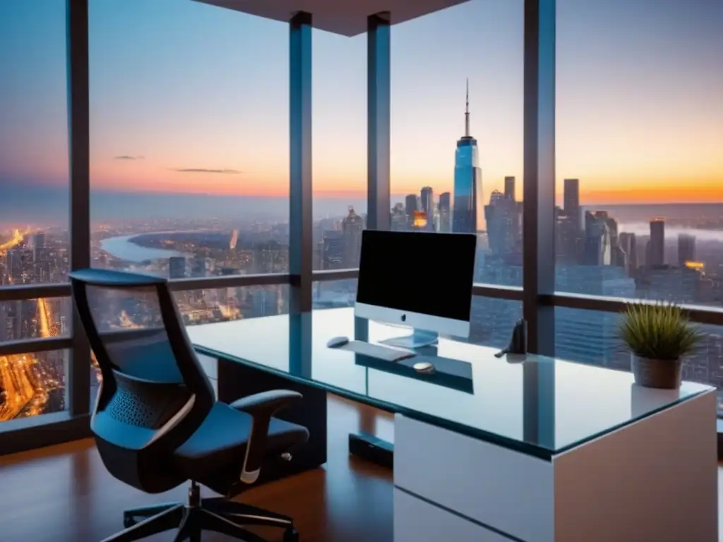 Oficina de lujo para inversión inmobiliaria Oficina lujosa con elegante escritorio de cristal, silla ergonómica y vista urbana al atardecer