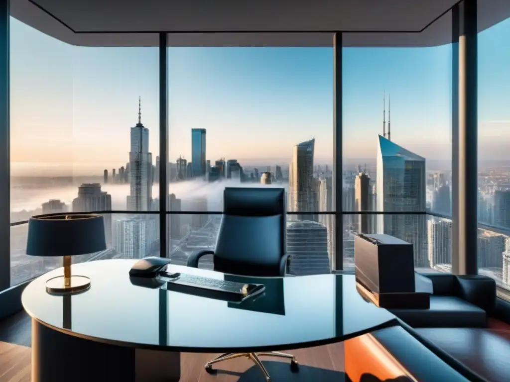 Oficina de lujo con vista panorámica a la ciudad y escritorio de cristal Oficina lujosa con vista panorámica de la ciudad, escritorio de vidrio con laptop mostrando gráficos financieros, libros sobre inversión inmobiliaria y la palabra clave 'Política monetaria y créditos inmobiliarios'