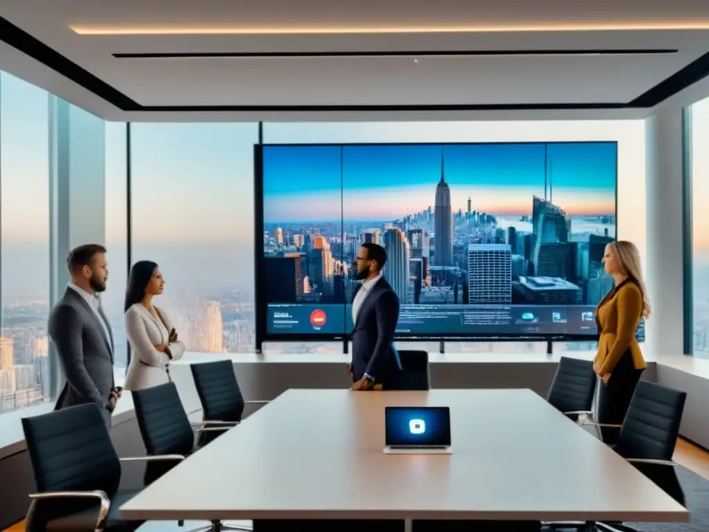 Oficina de marketing inmobiliario moderna y futurista en 8k Oficina de marketing inmobiliario moderna con profesionales y estrategias en redes sociales, integrando tecnología