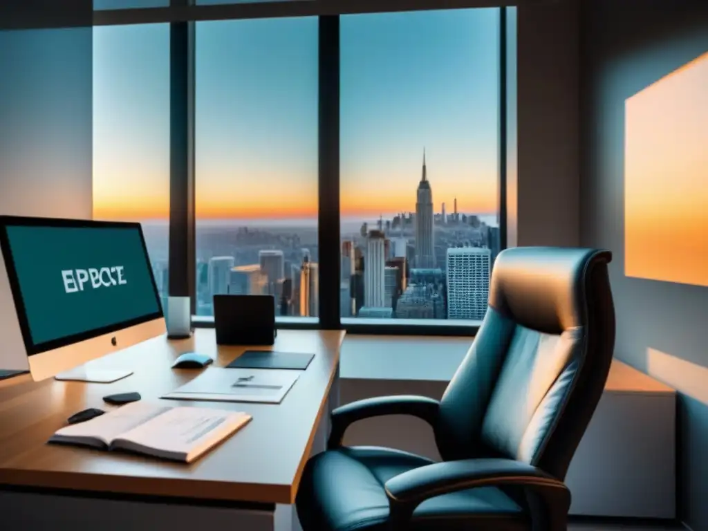 Oficina minimalista con software financiero de gestión de cartera Oficina minimalista con software de gestión financiera y informes de inversión inmobiliaria