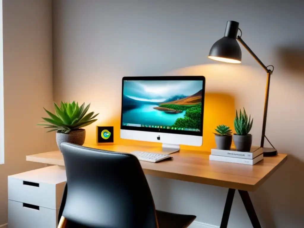 Oficina moderna para agente inmobiliario: Chromebook y elegancia Oficina moderna para agente inmobiliario con Chromebook y plantas