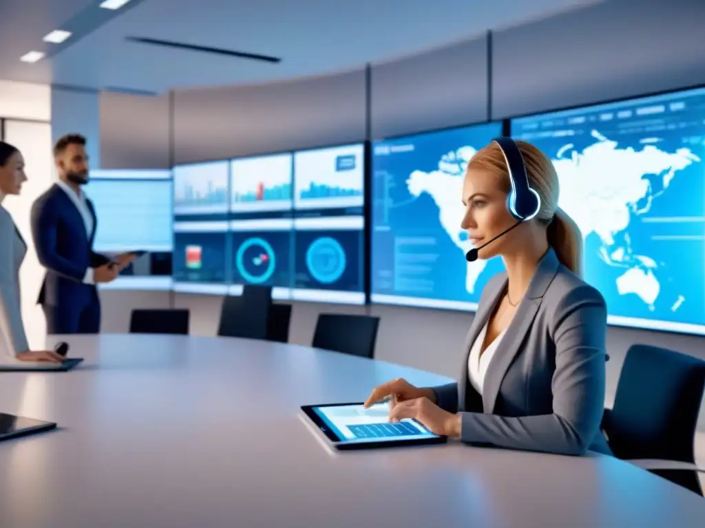 Oficina inmobiliaria futurista con IA y agentes diversos Oficina moderna con IA en atención al cliente: profesionales diversificados atienden a clientes con eficiencia e innovación