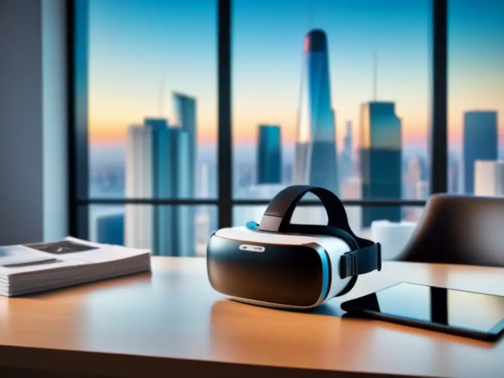 Realidad virtual: innovación inmobiliaria en oficina elegante Oficina moderna con auriculares de realidad virtual, tablet futurista y folletos inmobiliarios