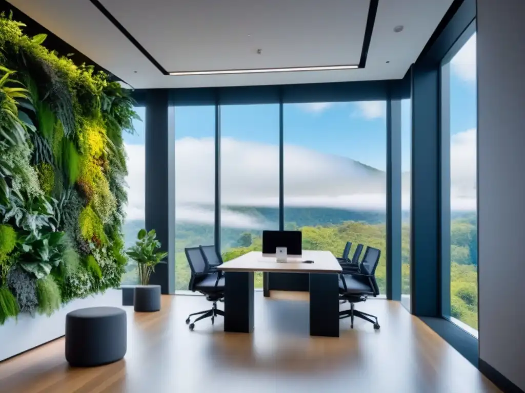 Oficina biófila y moderna: armonía natural y productividad Oficina moderna con diseño biófilo y certificaciones WELL para inmobiliarias