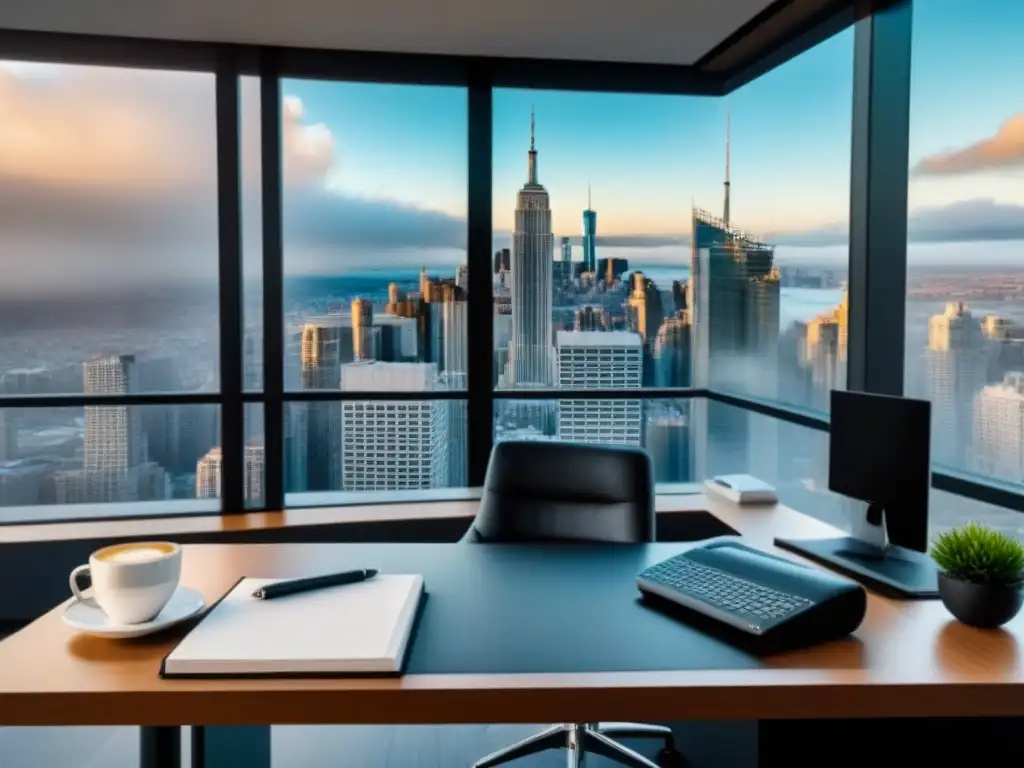 Oficina ejecutiva para inversiones inmobiliarias Oficina moderna con computadora, informes financieros, café y vista urbana