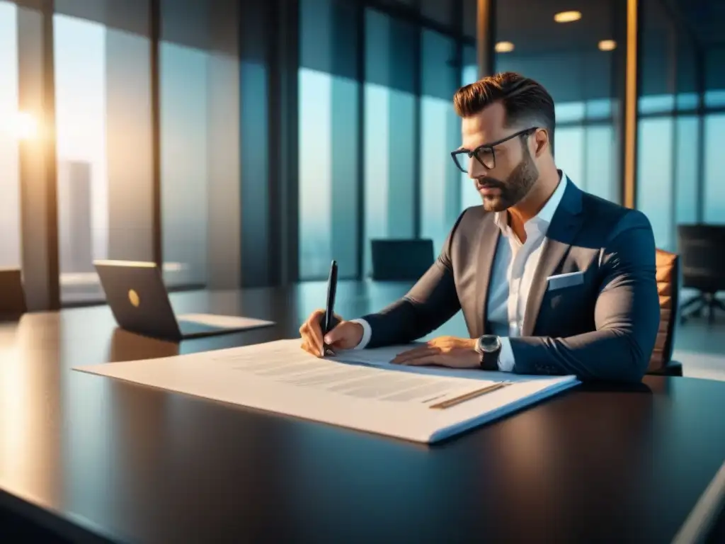 Oficina moderna con contratos inmobiliarios claros en edición, resaltando profesionalismo y claridad