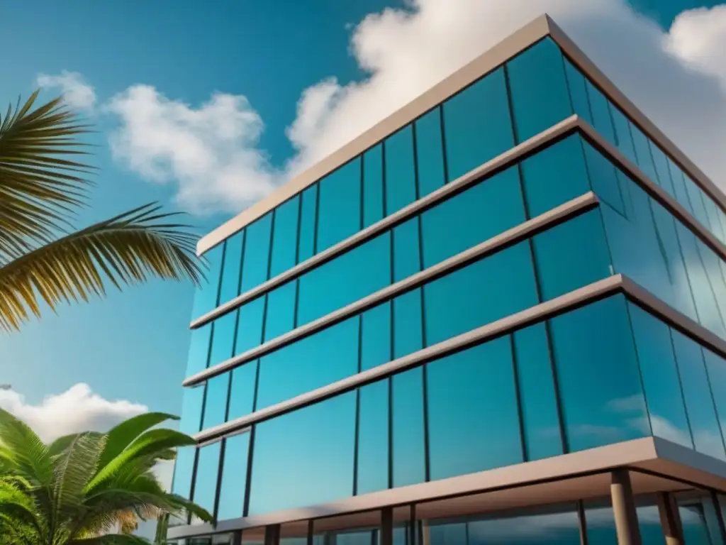 Edificio moderno en Belice: diseño elegante y tropical Oficina moderna en Belice con diseño arquitectónico elegante, rodeada de vegetación exuberante y palmeras bajo un cielo azul claro