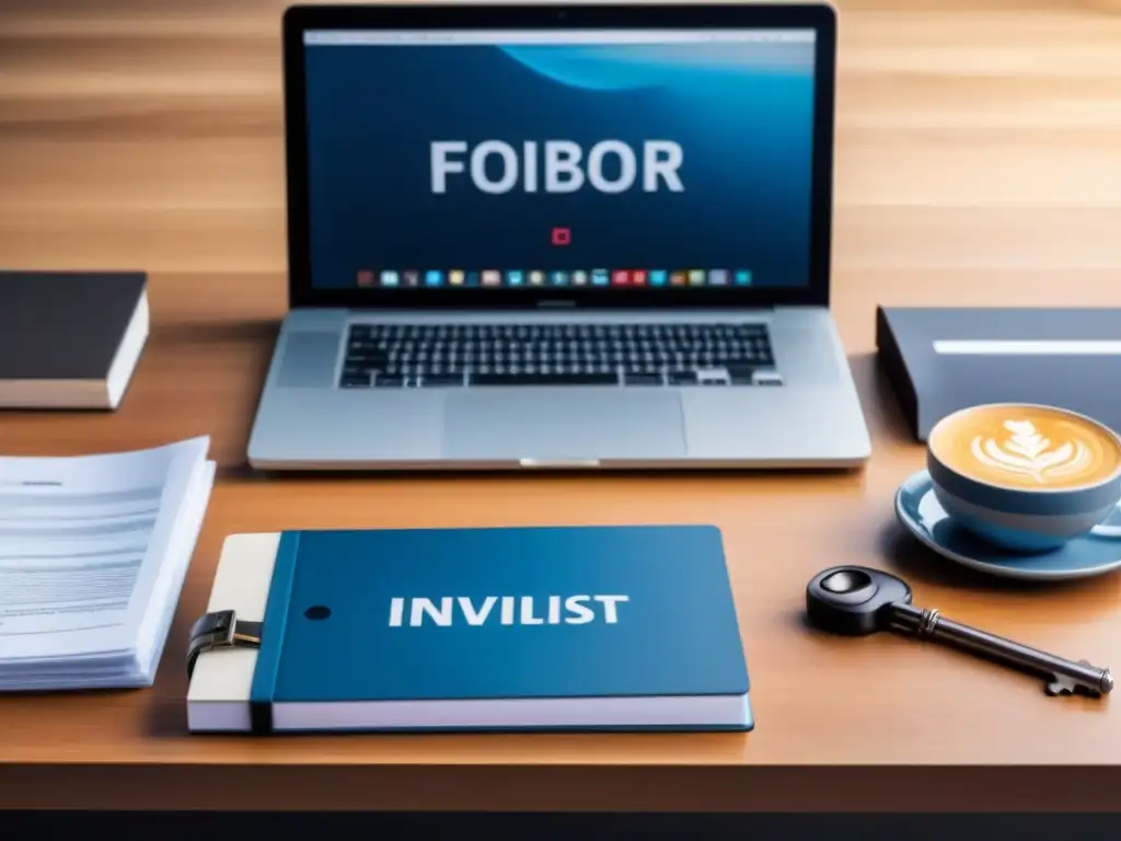 Oficina legal: inversión inmobiliaria Oficina moderna con documentos legales, llaves, planos y café