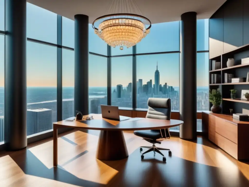 Oficina moderna con vista urbana en 8k: elegancia minimalista Oficina moderna y elegante con vista a la ciudad, ideal para un asesor legal inmobiliario inversiones lujo