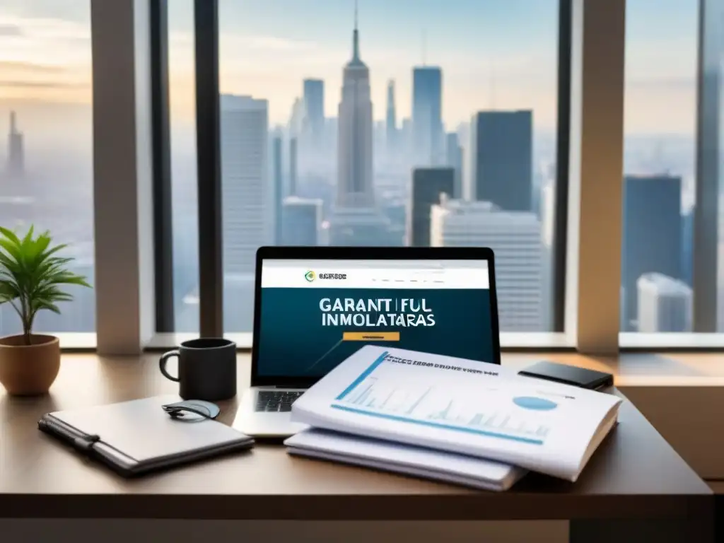 Oficina elegante con gráficos financieros y garantías inmobiliarias Oficina moderna con escritorio elegante, gráficos financieros en laptop y 'Garantías inmobiliarias'