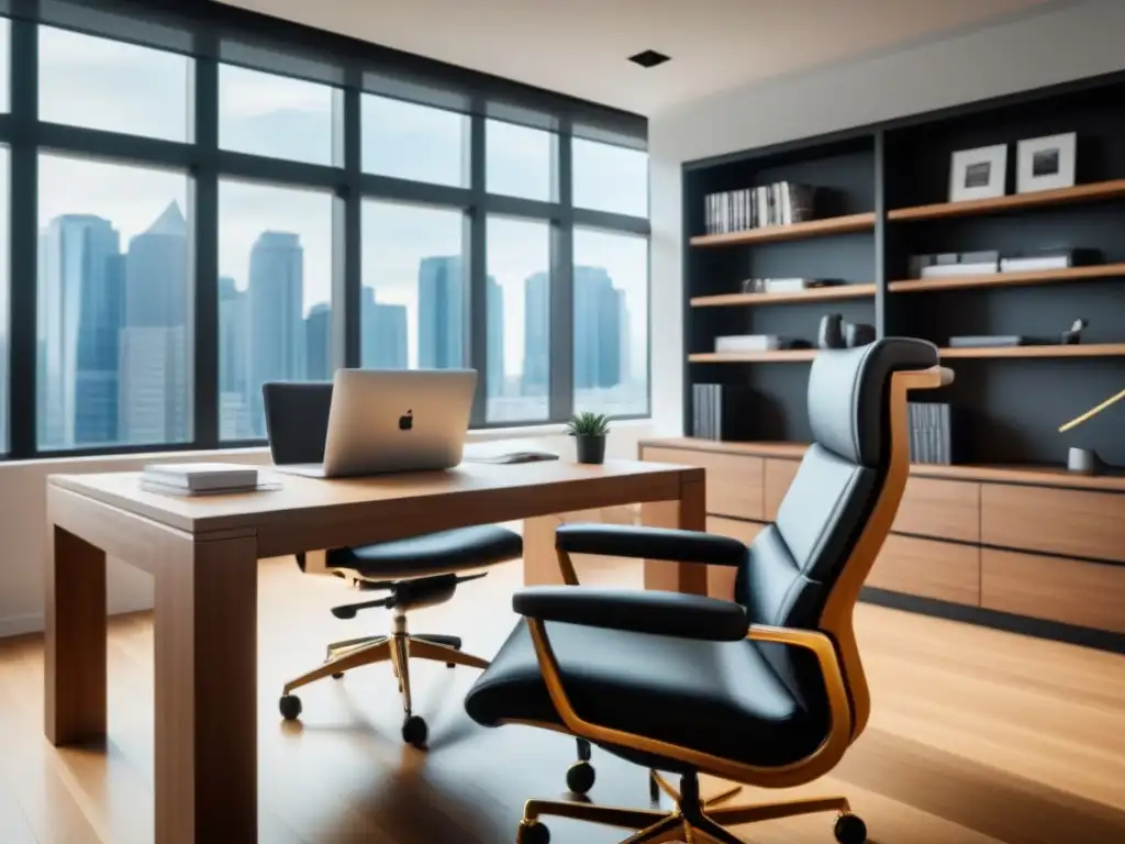 Oficina moderna y elegante para artículos de finanzas Oficina moderna con escritorio de madera, silla ergonómica, laptop y documentos financieros organizados