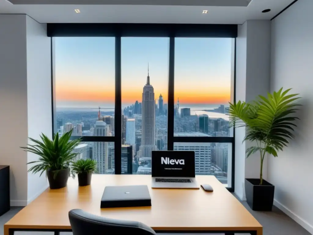 Oficina moderna con inversión inmobiliaria y nueva ley de arrendamientos Oficina moderna con escritorio de madera, portafolio de inversiones inmobiliarias en laptop y documentos de la 'Nueva Ley de Arrendamientos'