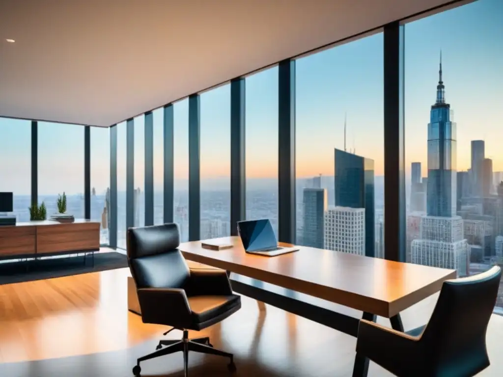 Oficina ejecutiva con vista panorámica para inversiones inmobiliarias Oficina moderna con escritorio de madera, silla ejecutiva, informes financieros, portátil y vista panorámica de la ciudad