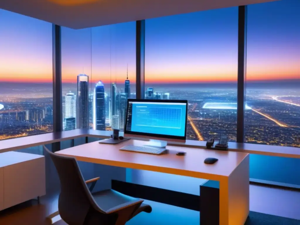Oficina inteligente con IA para detectar fraude inmobiliario Oficina moderna con IA en Fraudes Inmobiliarios: vista nocturna de la ciudad a través de ventana de vidrio