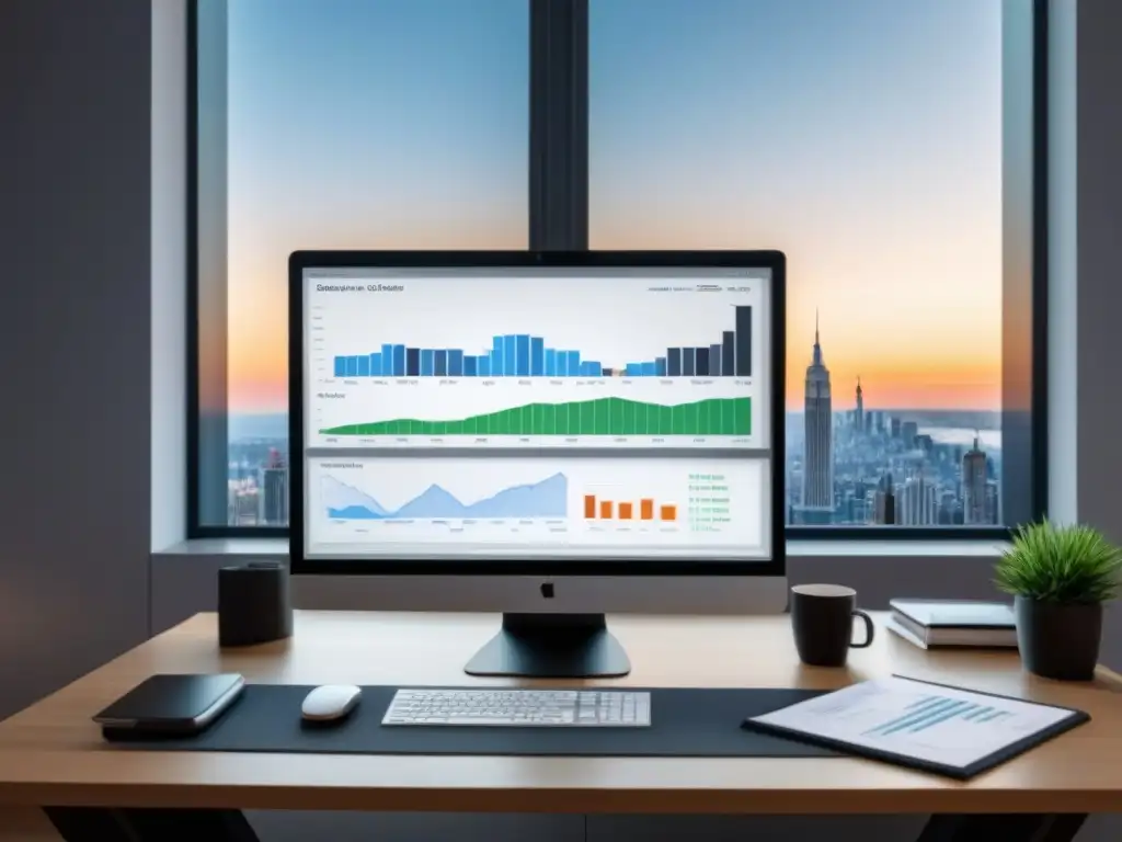 Oficina inteligente: valoración inmobiliaria en tiempo real Oficina moderna con herramienta de valoración inmobiliaria interpretando datos y tecnología de vanguardia