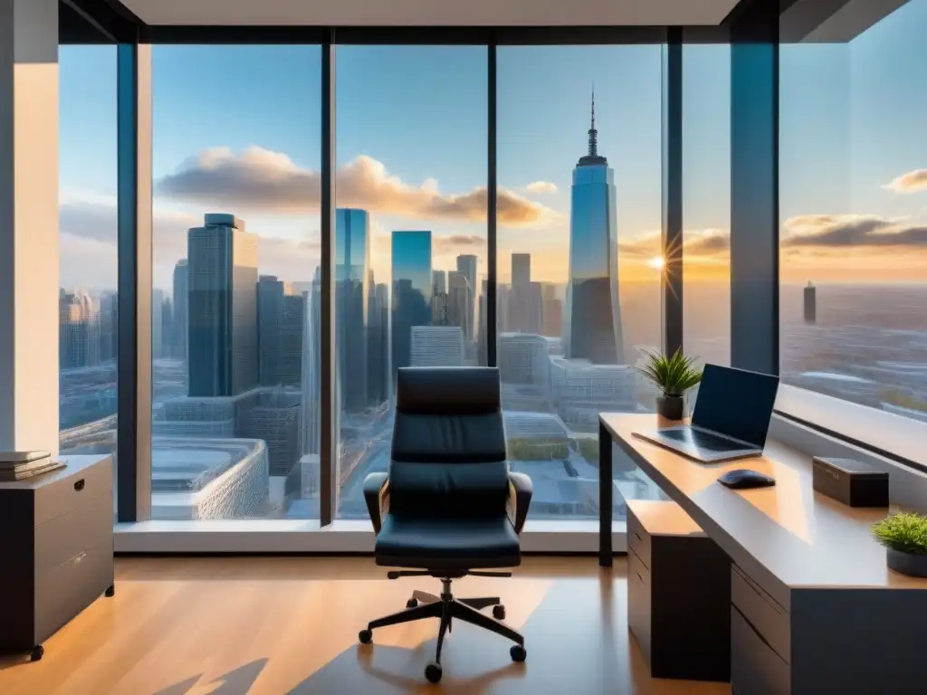 Oficina de lujo con vista panorámica para inversores inmobiliarios Oficina moderna con Herramientas valoración tiempo real inmobiliaria y vista panorámica urbana