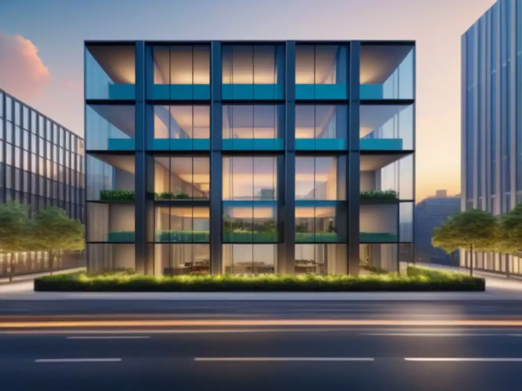 Edificio de oficinas moderno y sofisticado en la ciudad al atardecer Oficina moderna iluminada al anochecer, reflejando la ciudad