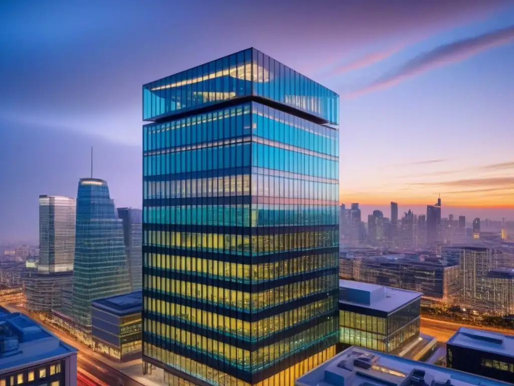 Edificio de oficinas moderno al atardecer: importancia del seguro de responsabilidad civil para inmuebles comerciales Oficina moderna al anochecer, resalta la importancia seguros responsabilidad civil empresas