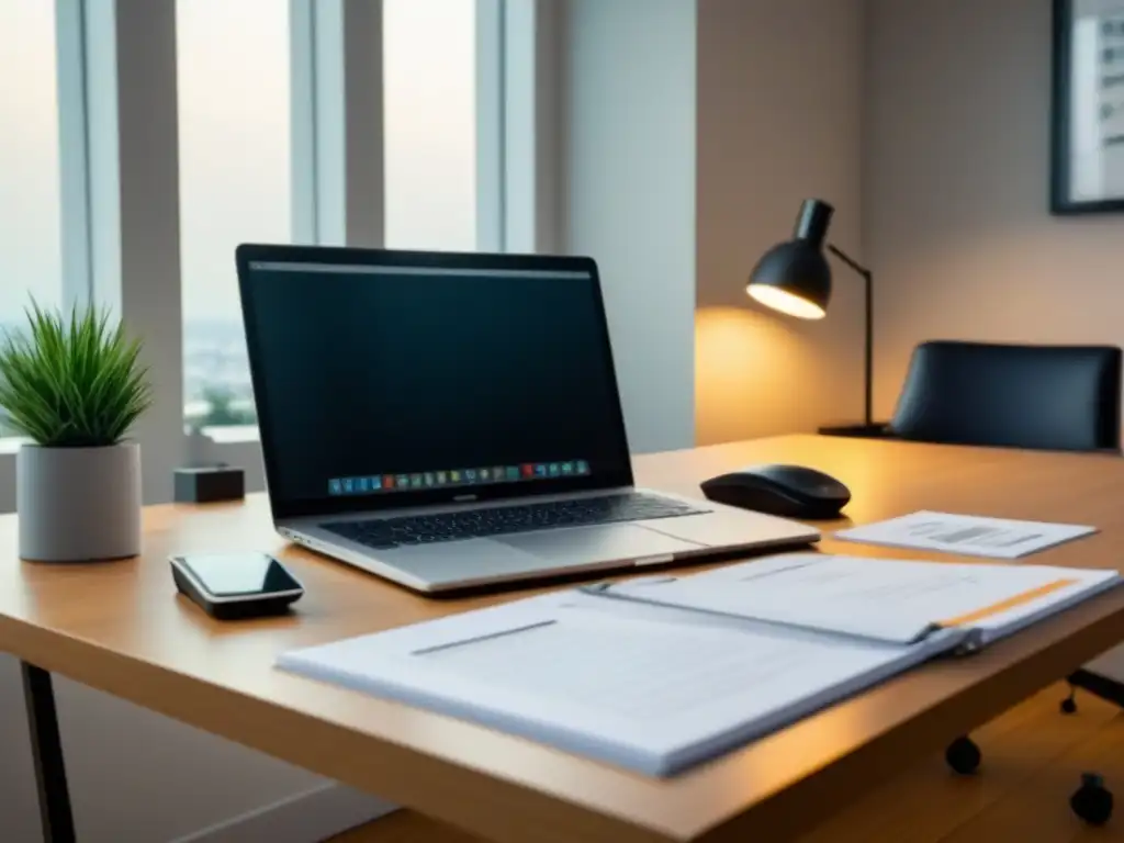 Oficina moderna para preparar impuestos de alquiler Oficina moderna con laptop, calculadora y documentos organizados, ideal para la guía impuestos renta propiedades propietarios