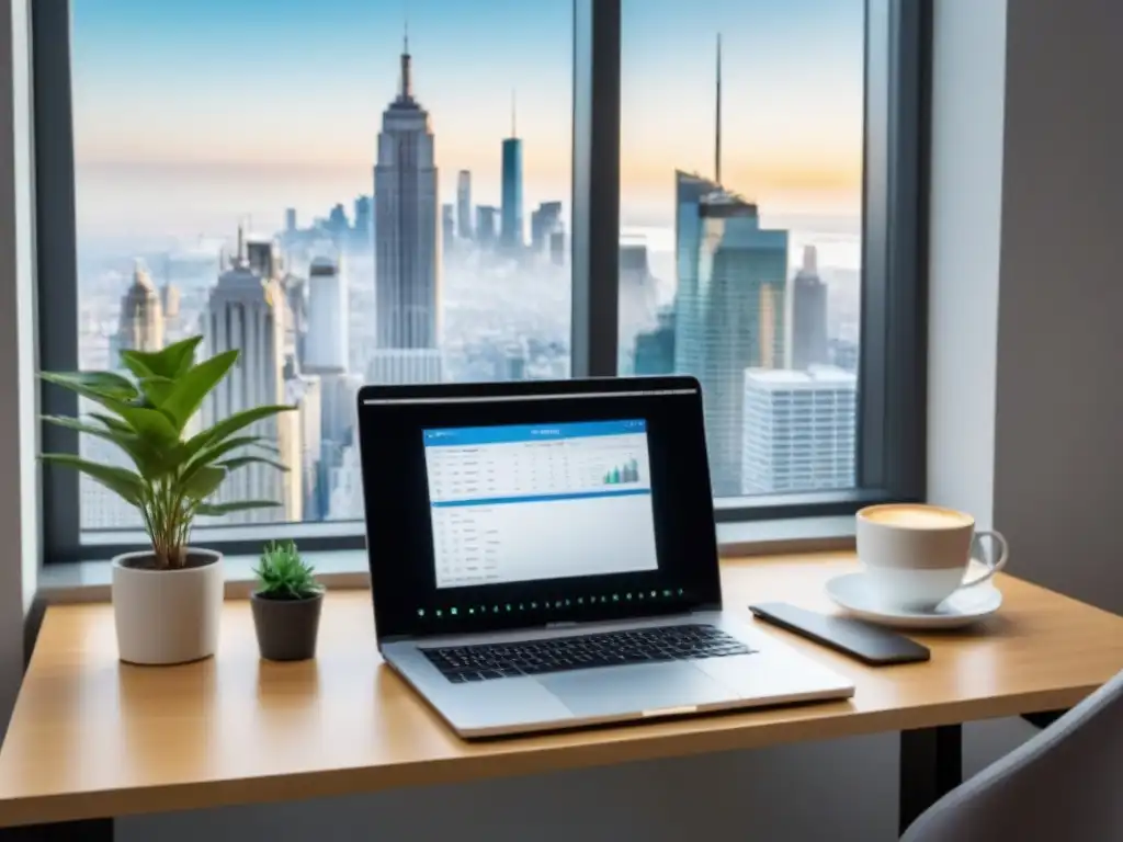 Inversión inmobiliaria: oficina moderna con laptop y café Oficina moderna con laptop mostrando cálculo flujo caja inversiones inmobiliarias, café y plantas, iluminada por luz natural y skyline urbano al fondo