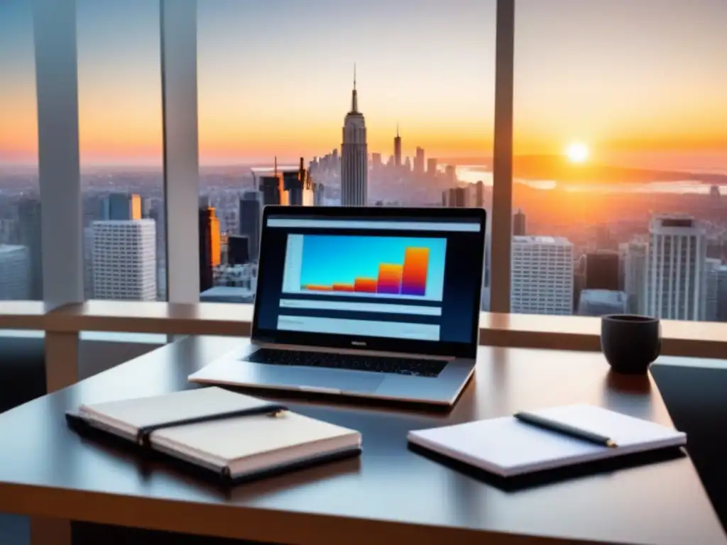 Oficina de lujo con vista panorámica para inversores inmobiliarios Oficina moderna con laptop, cuaderno de cuero y pluma elegante, vista panorámica de la ciudad al atardecer