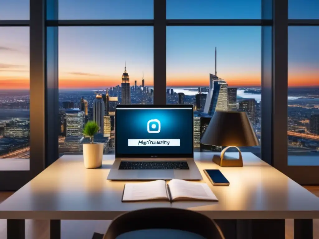 Oficina moderna para transacciones inmobiliarias seguras Oficina moderna con laptop seguro, documentos legales y vista de ciudad al atardecer