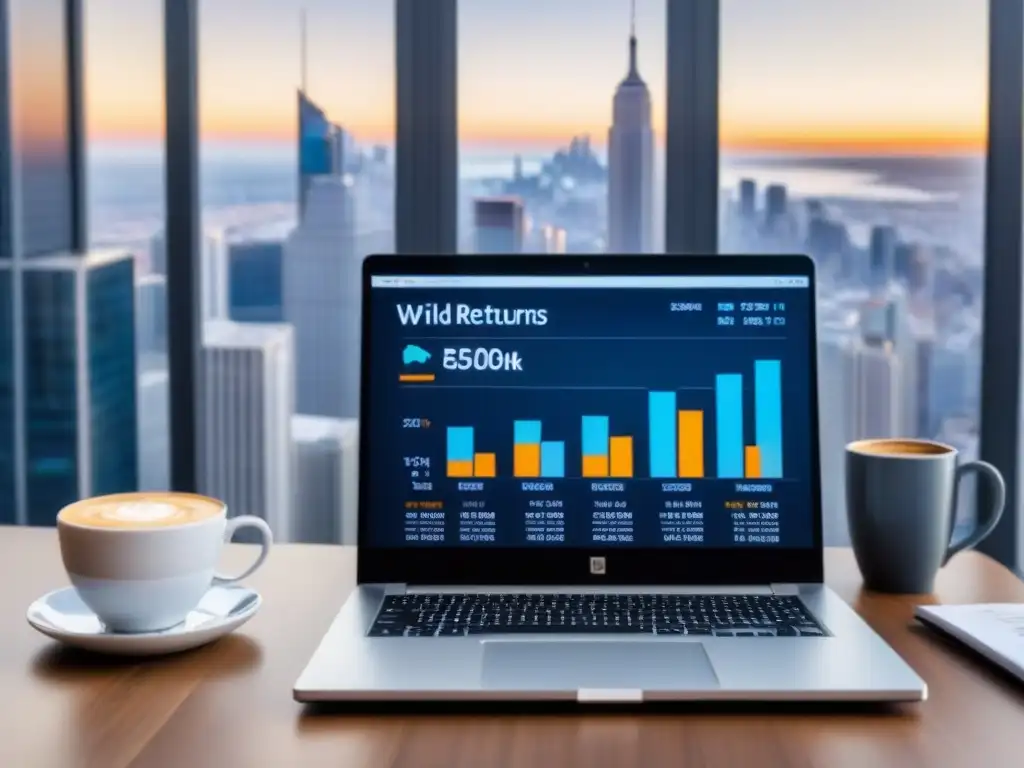 Oficina de lujo con gráficos financieros de inversión inmobiliaria Oficina moderna con laptop mostrando gráficos financieros