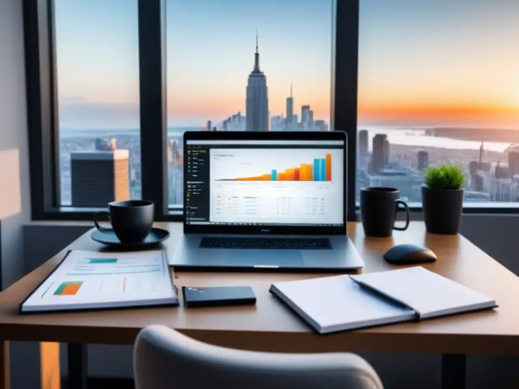 Oficina moderna con laptop y gráficos financieros en 8k Oficina moderna con laptop, notas y análisis financiero propiedades mercado inmobiliario