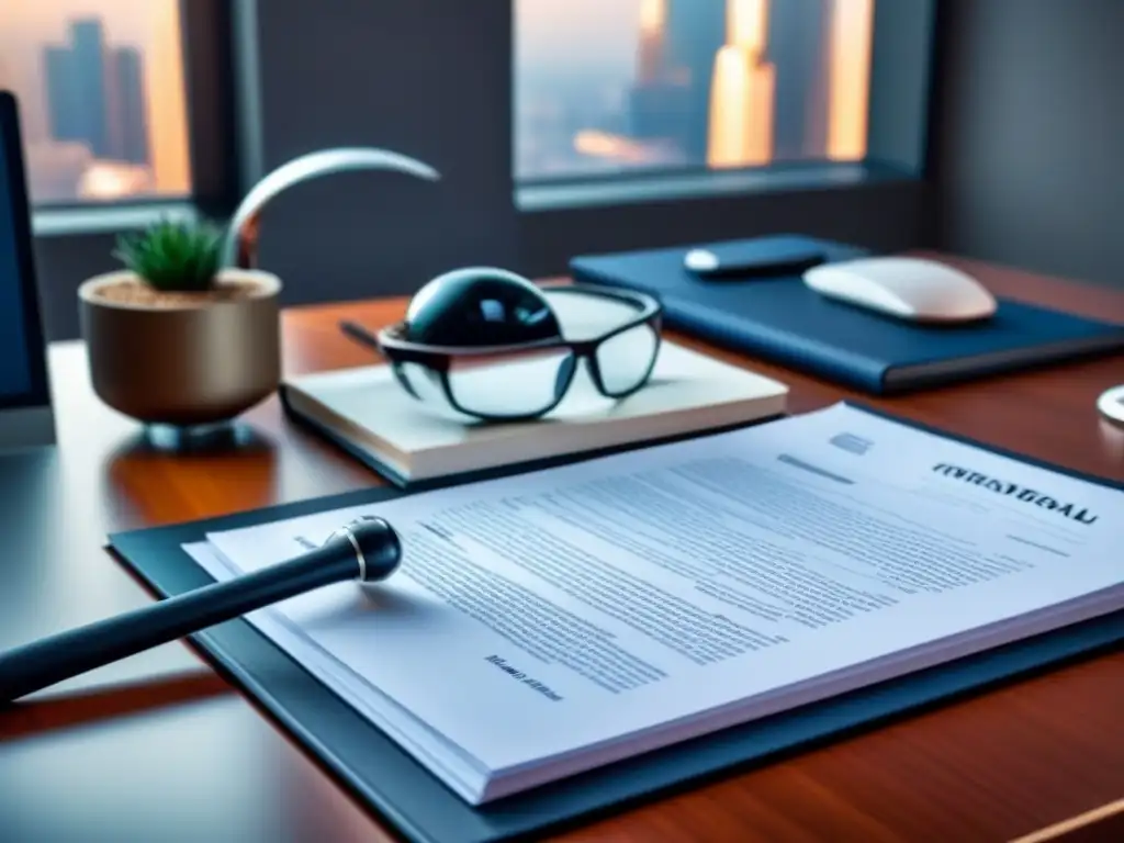 Contrato inmobiliario detallado en oficina moderna de lujo Oficina moderna de lujo con contrato detallado de bienes raíces y lupa sobre escritorio elegante