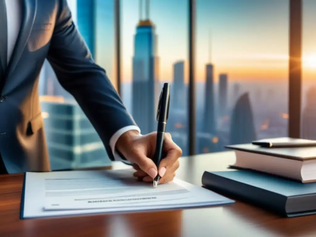 Oficina moderna de lujo con documentos legales sobre financiación propiedades alto valor, abogado firmando con pluma de alta gama