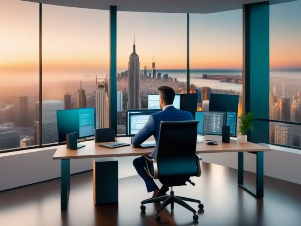 Innovación financiera en oficina de lujo con vista urbana Oficina moderna de lujo con escritorio de vidrio, gadgets de alta tecnología y vista de la ciudad, donde profesionales brainstorming opciones de financiamiento subastas inmobiliarias