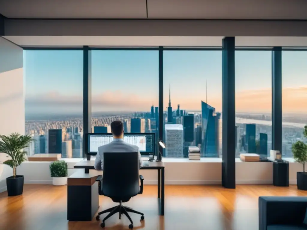 Oficina de lujo para análisis financiero inmobiliario Oficina moderna de lujo con muebles elegantes, vista a la ciudad, análisis financiero en pantalla de alta tecnología y libros de inversión en bienes raíces y apalancamiento financiero, creando un ambiente de éxito y conocimiento