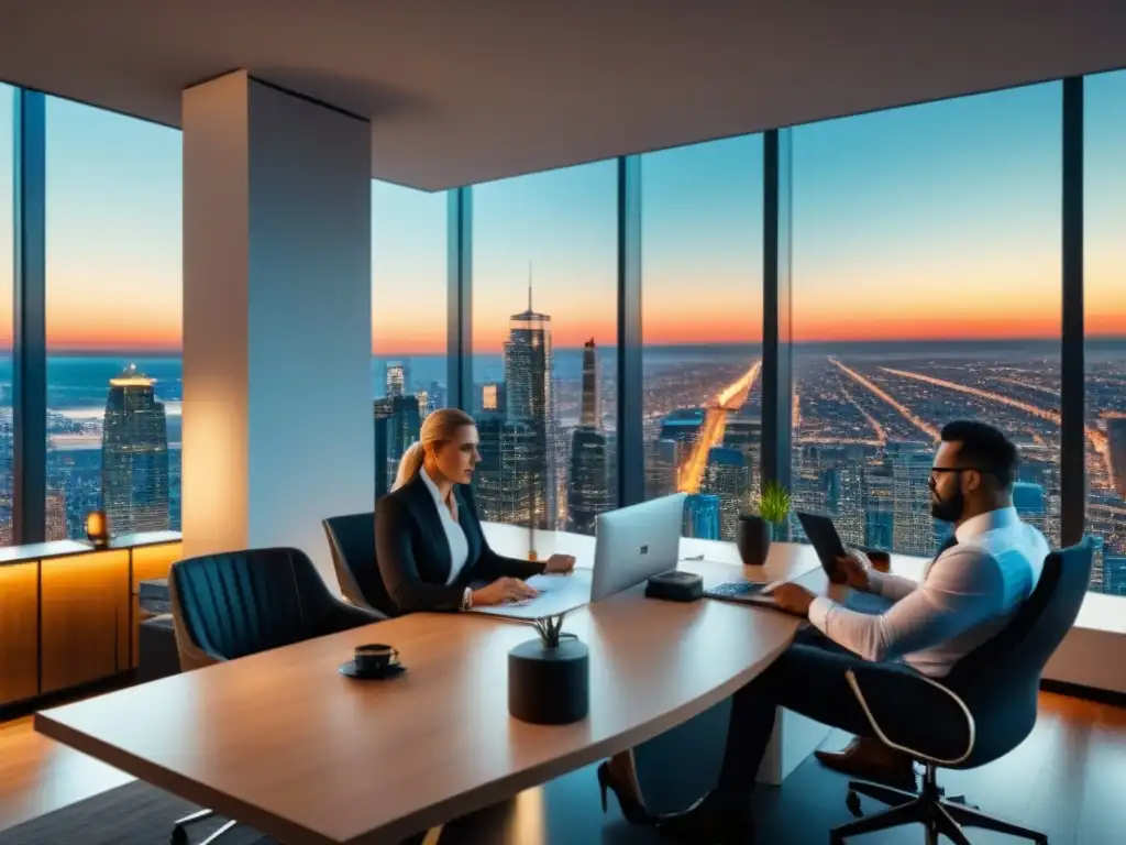 Oficina moderna de lujo con vista panorámica y reunión de inversores Oficina moderna de lujo con vista a la ciudad