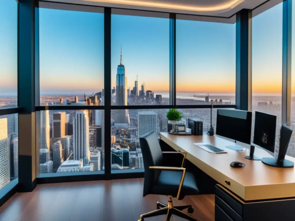 Oficina de lujo con vista a la ciudad y elegante decoración financiera Oficina moderna de lujo con vista a la ciudad, mobiliario elegante y gráficos financieros