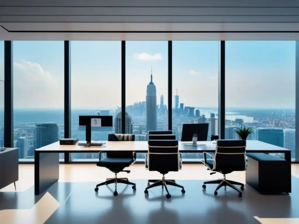 Oficina moderna de lujo con vista a la ciudad: elegancia y tecnología Oficina moderna de lujo con vista a la ciudad, mobiliario minimalista y tecnología avanzada