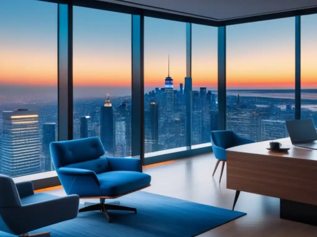 Oficina de lujo con vista panorámica a la ciudad Oficina moderna de lujo con vista a la ciudad, mobiliario elegante y tecnología avanzada, ideal para estrategia inversión inmobiliaria sólida