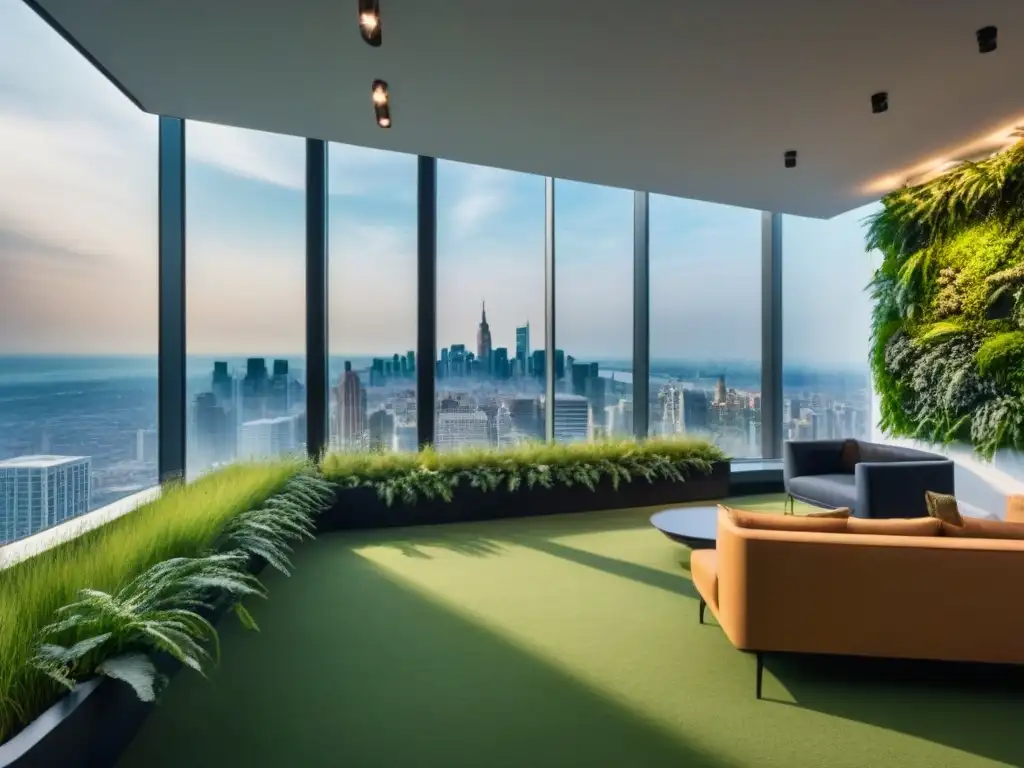 Oficina moderna y sostenible con vistas a la ciudad: elegancia verde Oficina moderna de lujo con vista a la ciudad, diseño sostenible y certificaciones verdes