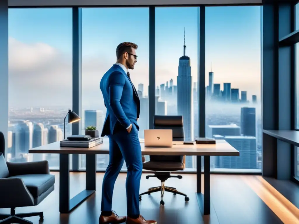 Oficina de lujo con vistas a la ciudad y tecnología de alta gama Oficina moderna de lujo con vista a la ciudad, muebles elegantes y tecnología avanzada
