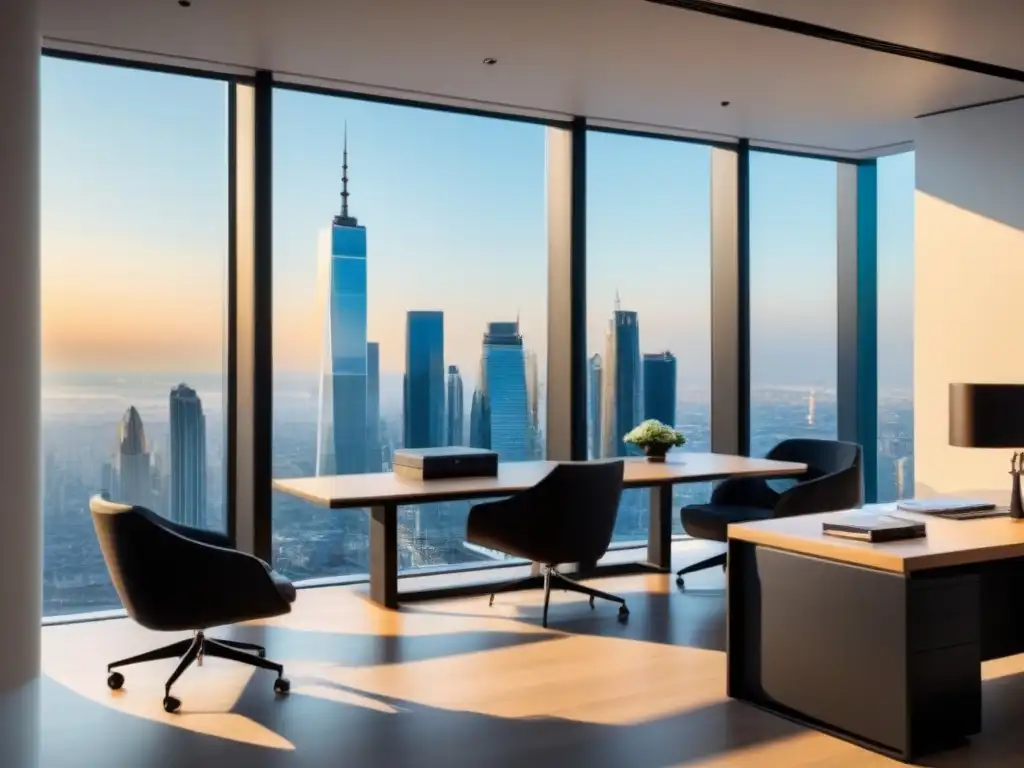 Oficina de lujo con vista panorámica y elegancia para discusiones legales Oficina moderna de lujo con vista panorámica de la ciudad, mobiliario minimalista y tecnología de alta gama