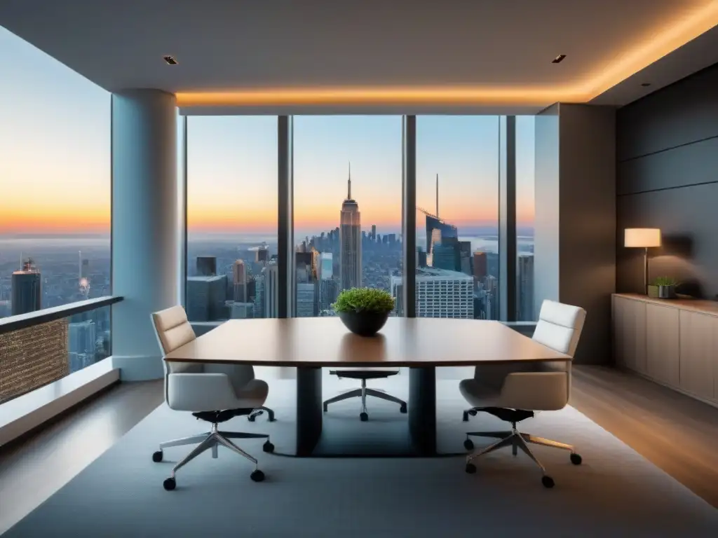 Oficina de lujo con vista urbana y diseño minimalista Oficina moderna de lujo con vista a la ciudad, mobiliario elegante y paleta de colores sutil