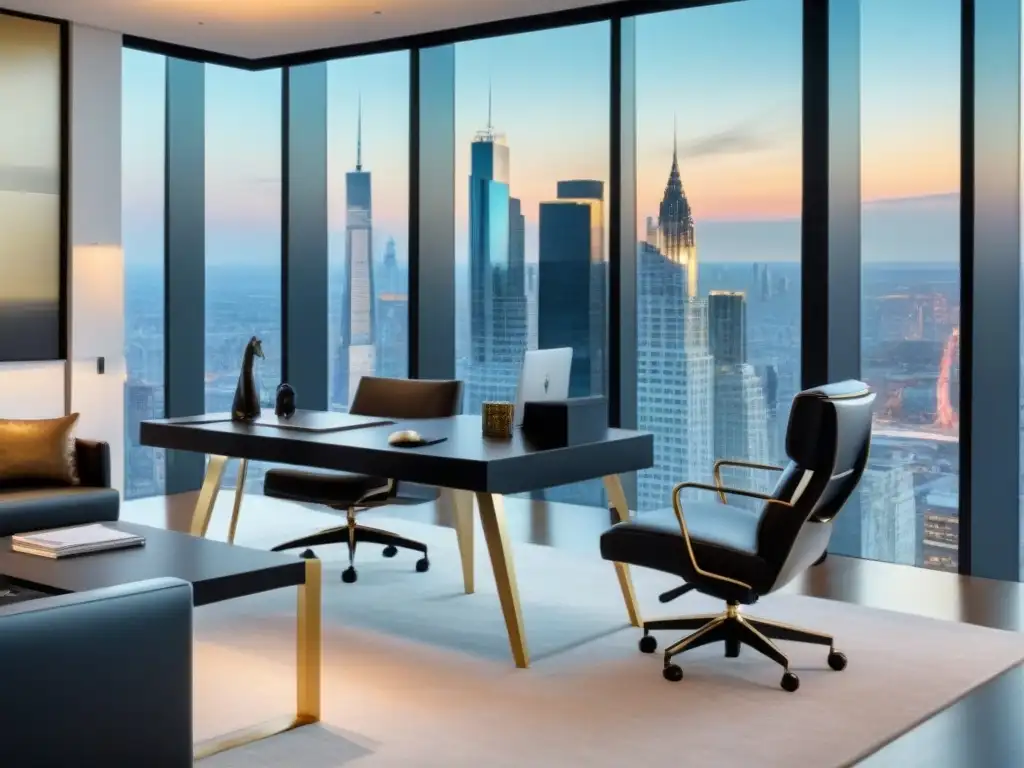 Oficina de lujo con vista a la ciudad y contratos legales Oficina moderna de lujo, con vista a la ciudad, escritorio negro con contratos legales, laptop sofisticada y ambiente profesional