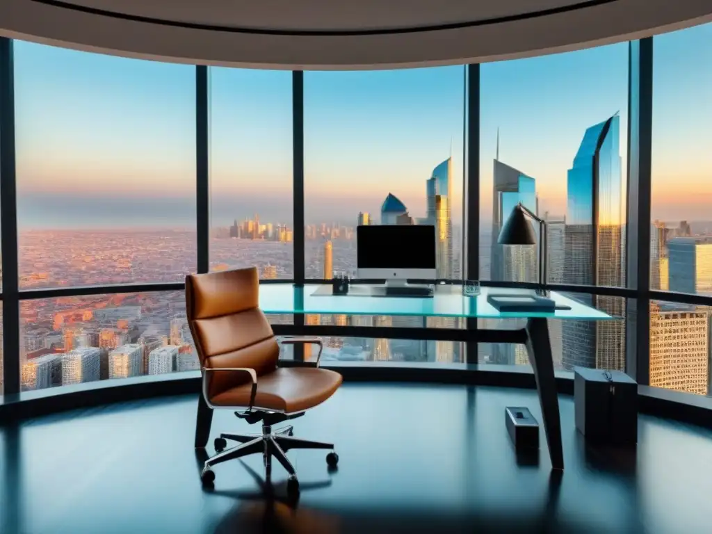 Oficina de lujo con vista a la ciudad para inversiones inmobiliarias Oficina moderna de lujo con vista a la ciudad, escritorio de vidrio, silla ejecutiva de cuero, laptop y reportes financieros