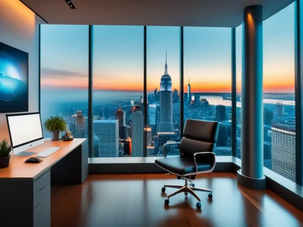 Oficina de lujo con vista panorámica y equipamiento moderno Oficina moderna de lujo con vista a la ciudad, escritorio de vidrio, silla ejecutiva de cuero y arte abstracto