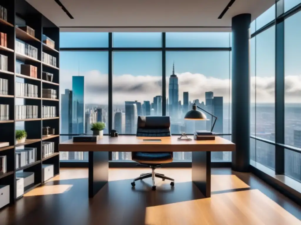Oficina de lujo con vistas panorámicas y equipo informático de alta gama Oficina moderna de lujo con vista a la ciudad, escritorio elegante, silla de cuero y libros de finanzas