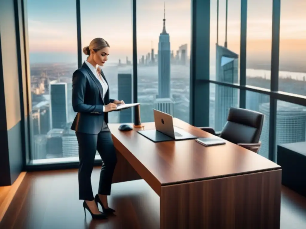 Oficina de lujo con vista panorámica a la ciudad para análisis de inversión inmobiliaria Oficina moderna de lujo con vista a la ciudad, muebles elegantes y escritorio de madera