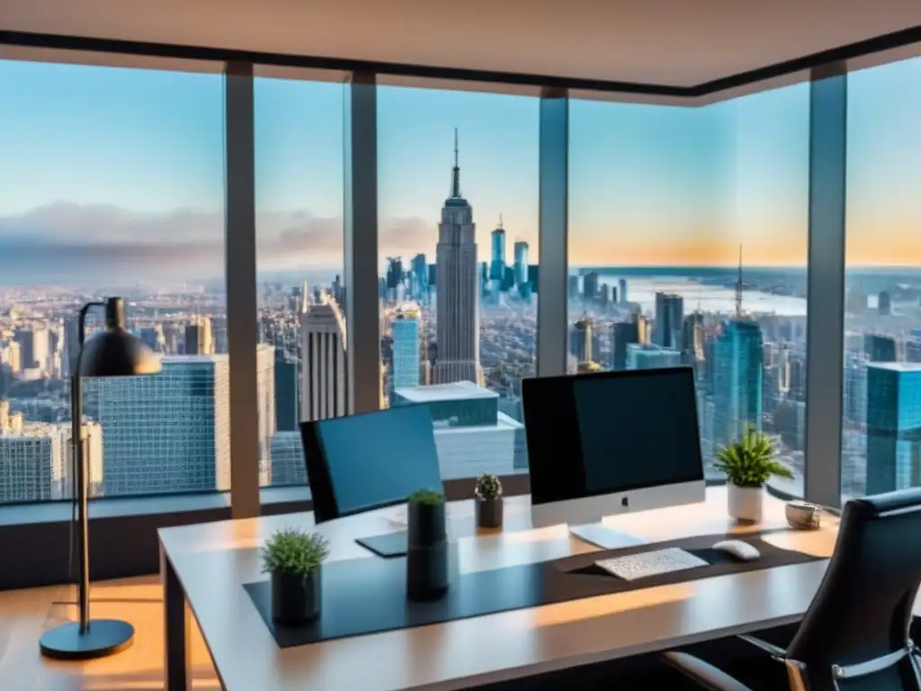Oficina de lujo con vista a la ciudad: éxito y sofisticación Oficina moderna de lujo con vista a la ciudad, mobiliario elegante y planes de inversión inmobiliaria
