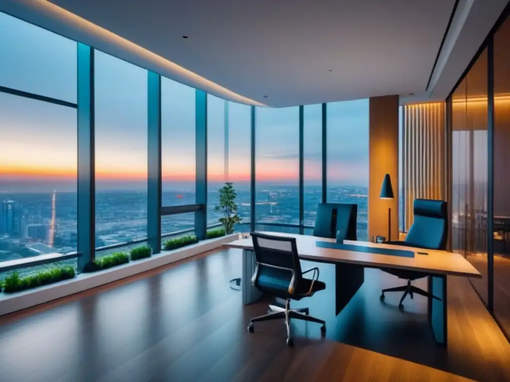 Edificio de oficinas moderno y lujoso: arquitectura urbana y naturaleza Oficina moderna de lujo con vista panorámica a la ciudad y espacios verdes